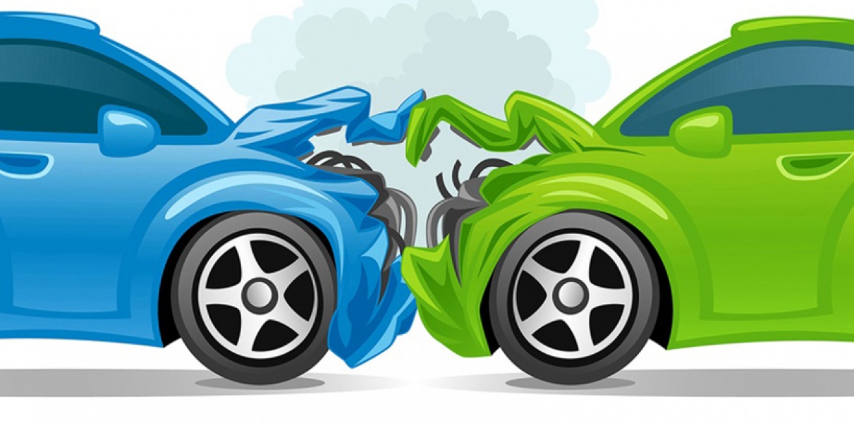 Jeweils vorderer Teil eines gemalten blauen und eines grünen PKW mit zerknautschter Front nach einem Frontalzusammenstoß